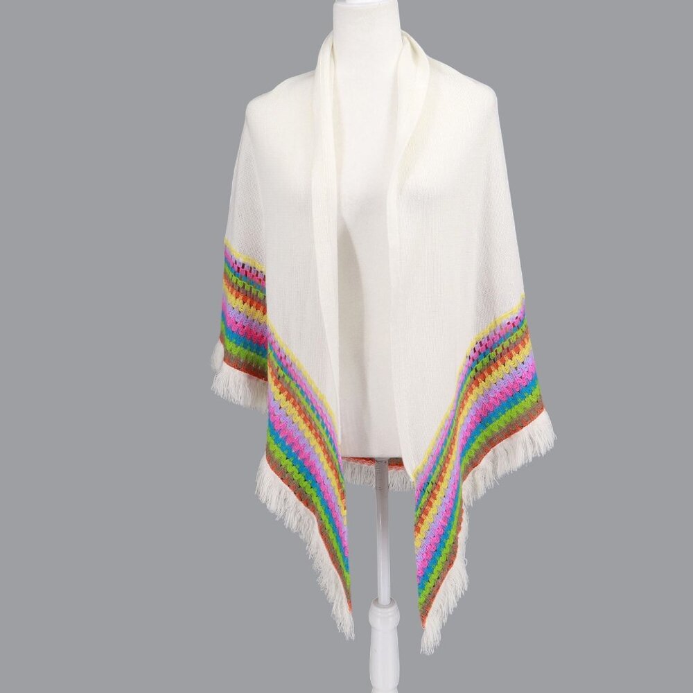 Hand Knit Rainbow Shawl Wrap Women OS White Grannycore Cottage Boho Transitional